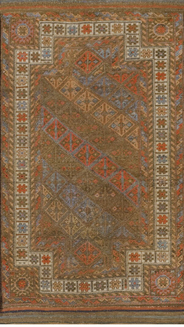 Geometric brown rug with low pile texture, diagonal diamond patterns, and stepped borders in rust and blue.