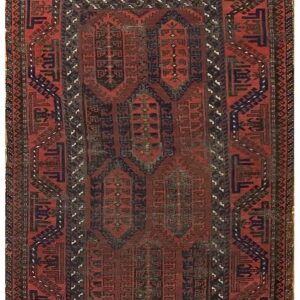 Low-pile traditional rug featuring worn geometric motifs in deep red, navy, and black.