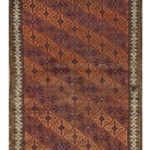 Geometric rug displaying repeating diamond motifs in rust, terracotta, and deep purple with serrated white patterned borders.