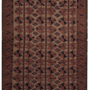 Brown and red geometric rug featuring repeating star patterns on a tan field with multiple detailed borders.