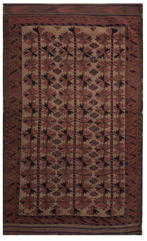 Brown and red geometric rug featuring repeating star patterns on a tan field with multiple detailed borders.