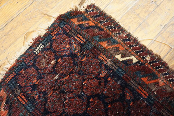 Red and dark blue textured rug corner with cream fringe visible on rustic wooden floorboards.