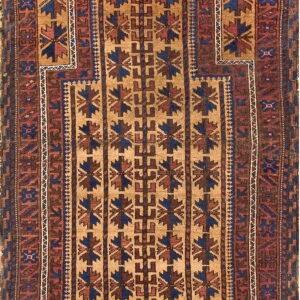 Geometric pile rug featuring a tan field with columns of blue and reddish-brown medallions and borders.