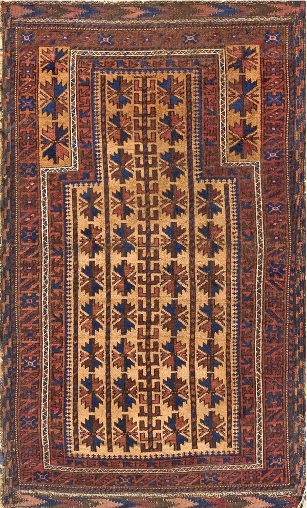 Geometric pile rug featuring a tan field with columns of blue and reddish-brown medallions and borders.
