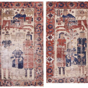 Faded red and blue figural rug featuring large central human and animal designs on a cream ground.