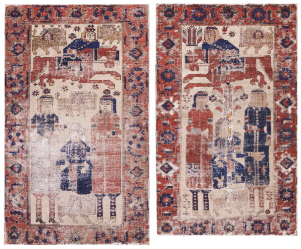 Faded red and blue figural rug featuring large central human and animal designs on a cream ground.