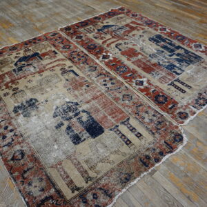 Two heavily distressed beige, red, and blue runner segments with figurative patterns lie on weathered wood flooring.