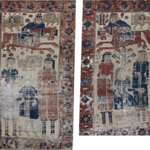 Faded red and blue figurative rug with stylized human and animal figures on a light field.