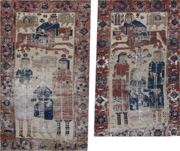 Faded red and blue figurative rug with stylized human and animal figures on a light field.
