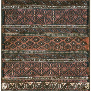 Low-pile rug with thick horizontal geometric bands in reddish-brown, dark blue, and off-white.