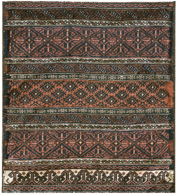 Low-pile rug with thick horizontal geometric bands in reddish-brown, dark blue, and off-white.