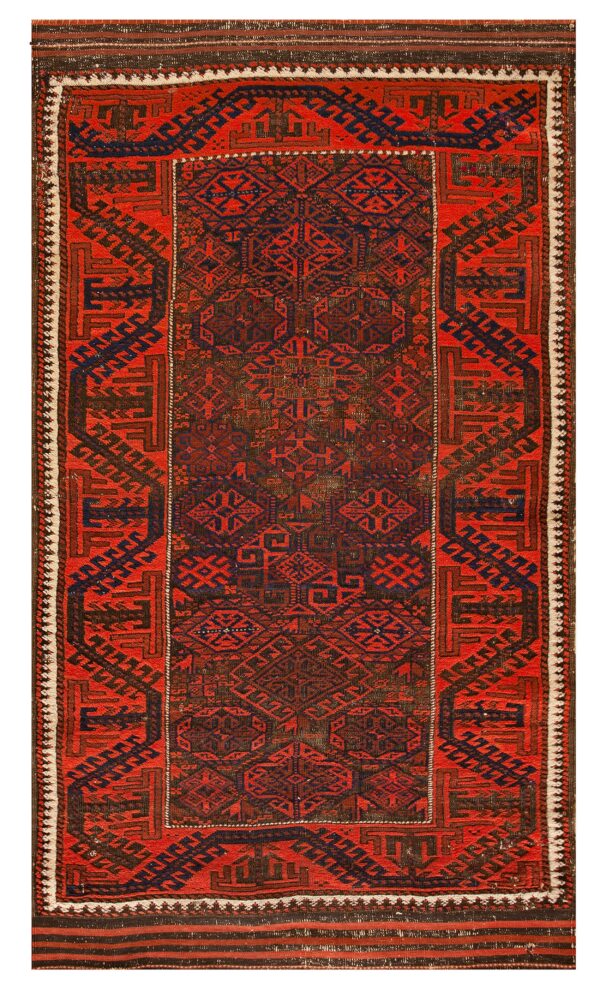 Geometric tribal runner rug in dark red, navy, and brown with patterned borders and flatwoven ends.