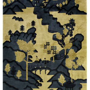 High-contrast rug in gold and deep teal depicting a pictorial landscape with layered mountains and figures.