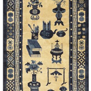 Tan rug features navy blue still life objects and complex geometric borders.