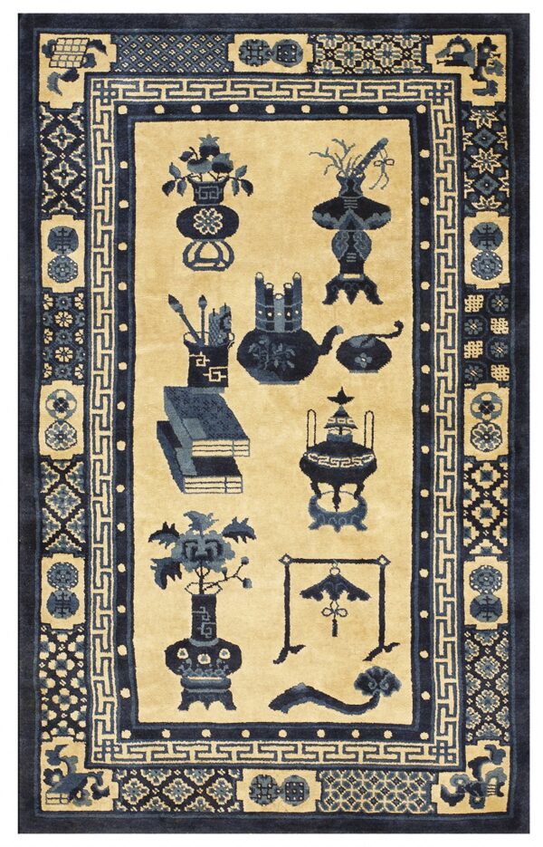 Tan rug features navy blue still life objects and complex geometric borders.