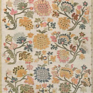 Long cream rug featuring repeating panels of gold, pink, green, and slate blue floral motifs.