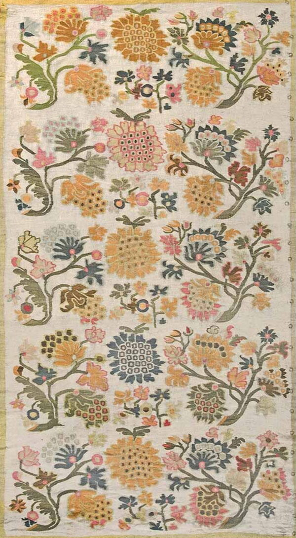 Long cream rug featuring repeating panels of gold, pink, green, and slate blue floral motifs.