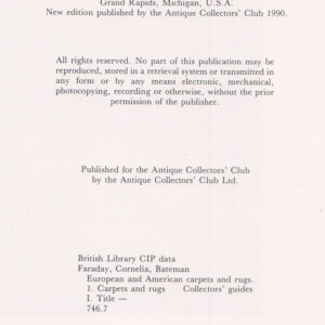 A printed page shows book publication data, including a 1990 copyright and the subject heading "Carpets and rugs."