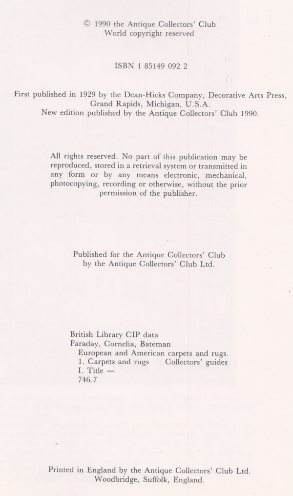 A printed page shows book publication data, including a 1990 copyright and the subject heading "carpets and rugs. "