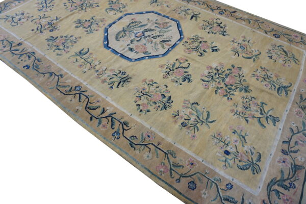 Pale yellow rug with scattered pink and blue floral bouquets, wide border, and central octagonal medallion.