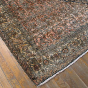 Muted pink and blue patterned area rug featuring a detailed border on light wood flooring.