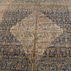 A traditional area rug featuring a navy blue field, intricate beige medallion, and detailed distressed patterns.