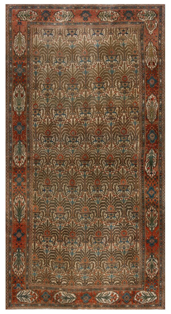 The rug features a repeating stylized tree pattern in brown and blue with an elaborate terracotta border.