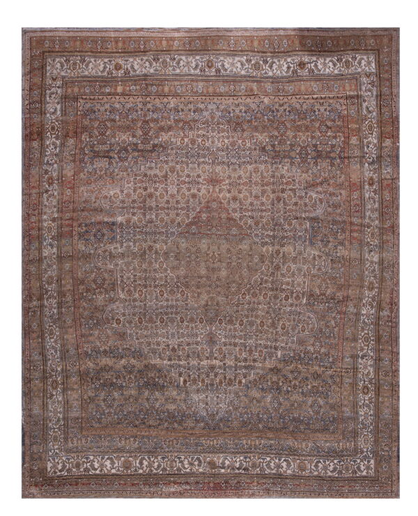 A distressed traditional rug with a central medallion in faded browns, tans, and muted blue tones.
