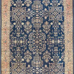 Antique Big Oversized Blue Background Allover Floral Design Indian Rug by Rugs On Net