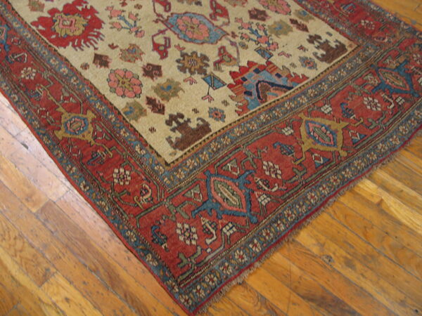 Low-pile rug with a cream center field and intricate red, blue, and brown border on hardwood floors.