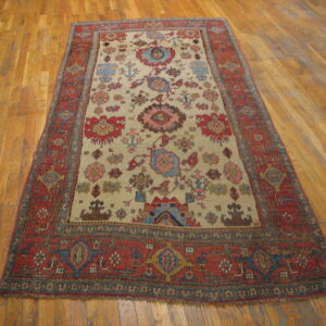 Geometric and stylized floral patterned rug with a beige field and rust border on wooden floorboards.