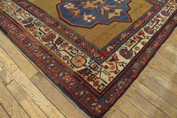 Brown rug featuring a large blue medallion and multicolored geometric borders on a wood floor.