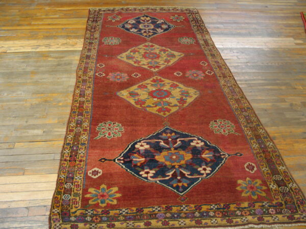 Long red runner rug featuring blue and gold diamond medallions on light wood flooring.