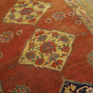 Rust-red rug with multi-colored geometric medallions and patterned borders rests on hardwood floor.