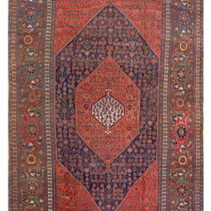 Intricate red and blue patterned rug
