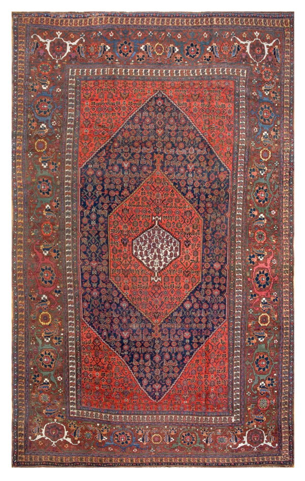 Intricate red and blue patterned rug