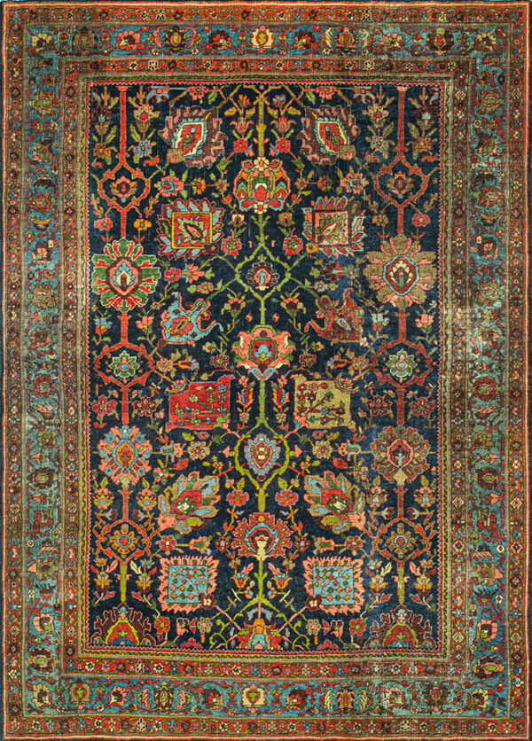 Rectangle antique wool allover floral hand knotted pile blue 1890s rug