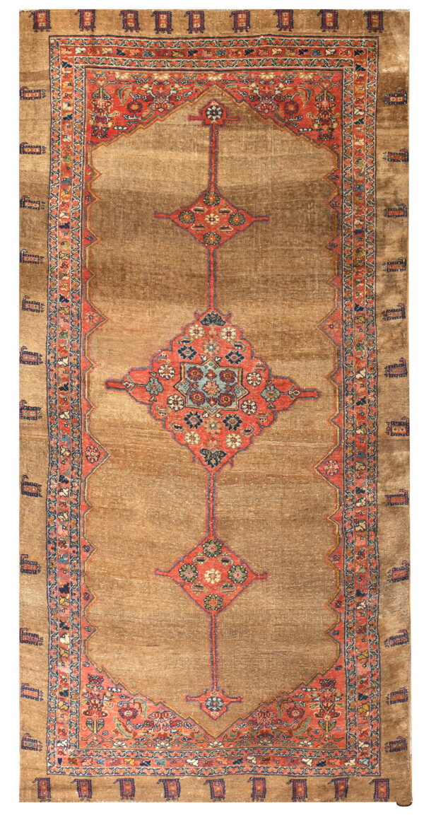 Low-pile, distressed tan runner rug with a rust-colored central pole medallion and multi-colored traditional borders.