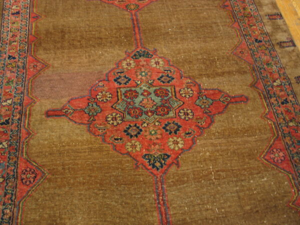 Distressed brown rug with a coral and blue floral medallion, featuring a detailed border on wood floor.
