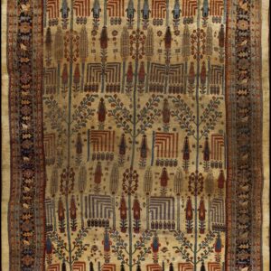 Ornate beige field rug featuring rows of stylized trees, geometric motifs, and a detailed dark navy border.