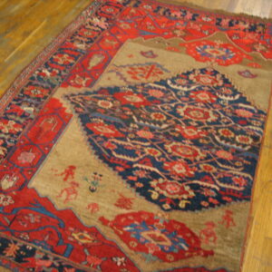 Red and navy patterned area rug with a camel-colored center displayed on golden plank flooring.