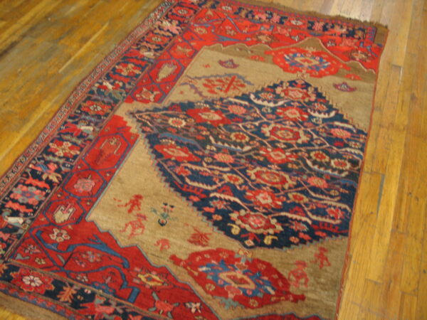 Red and navy patterned area rug with a camel-colored center displayed on golden plank flooring.