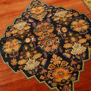 Low-pile orange rug with visible striations framing a detailed, multi-colored navy central medallion.