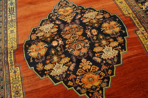 Low-pile orange rug with visible striations framing a detailed, multi-colored navy central medallion.
