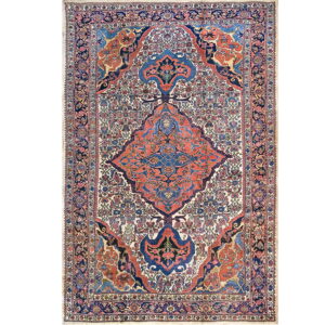 Traditional rug featuring a central coral and navy medallion on an intricately patterned ivory field.