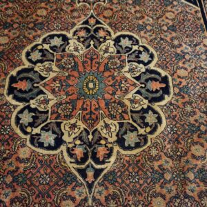 Close-up of an ornate rug featuring a central medallion in navy, coral, cream, and teal colors.