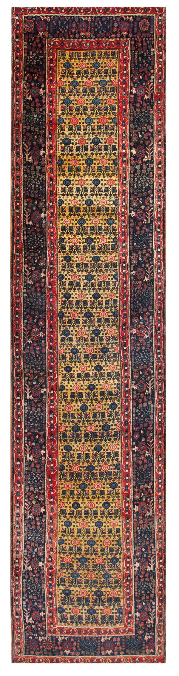 Long runner rug featuring a yellow central field with repeating floral motifs bordered by dense navy and red patterns.