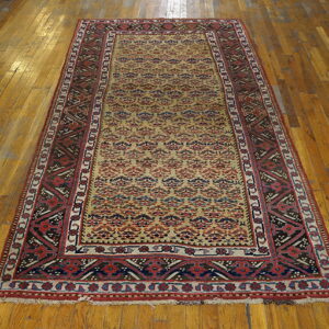 Geometric patterned rug with a light beige field and complex red and blue borders on wooden planks.