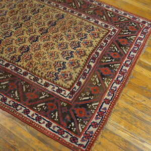 Low-pile patterned rug featuring tan, red, blue, and brown tones on worn wooden floorboards.