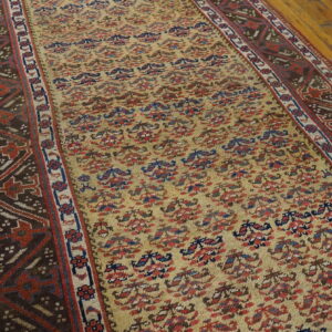Tan runner rug with red and blue low-pile motifs, featuring wide dark borders on light wood floor.